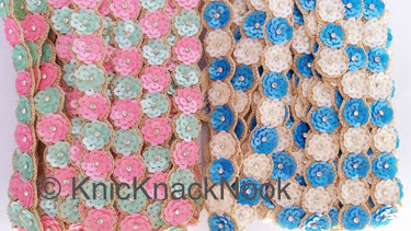 Blue And White Sequins Trim With Diamante Beads And Gold Embroidery, Floral Trims, Trimming